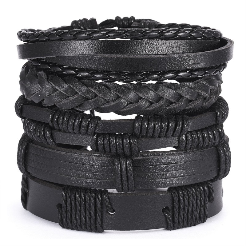 Vintage Cross Leather Multi-layer Adjustable Hand-woven Men's Bracelet Set