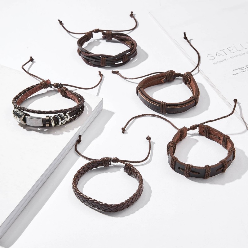 Vintage Cross Leather Multi-layer Adjustable Hand-woven Men's Bracelet Set