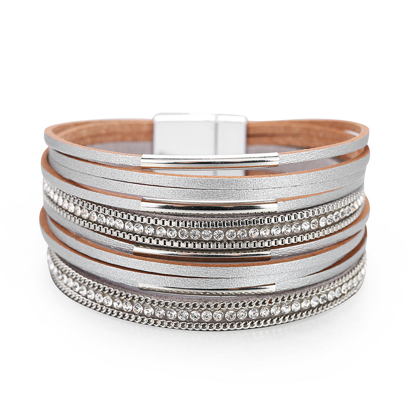 Multi-layered Genuine Leather Fine Chain Copper Tube Diamond Bracelet