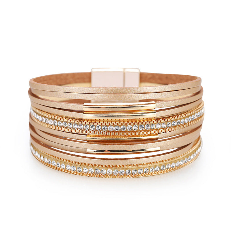 Multi-layered Genuine Leather Fine Chain Copper Tube Diamond Bracelet