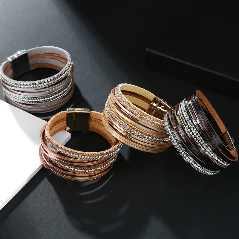 Multi-layered Genuine Leather Fine Chain Copper Tube Diamond Bracelet
