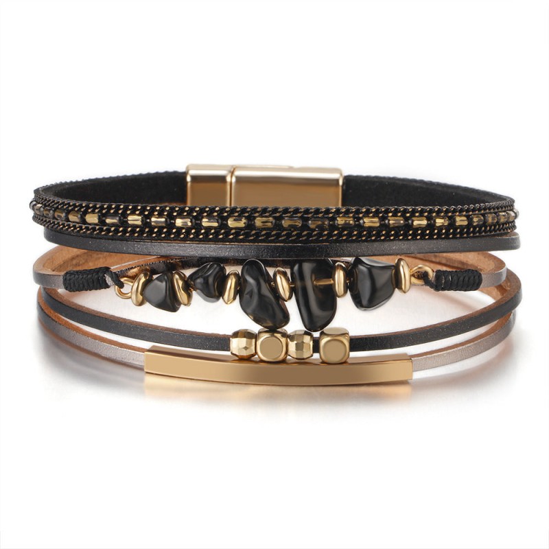 Boho Style Natural Stone Beaded Leather Magnetic Bracelet