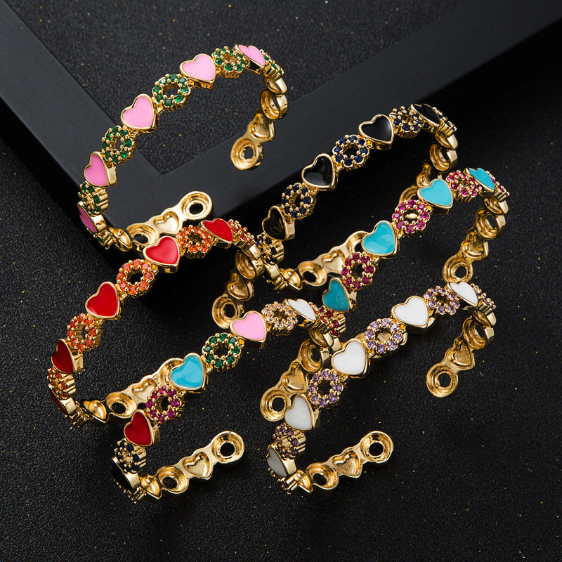 copper inlaid zircon enamel drop oil love heart bracelet Ten