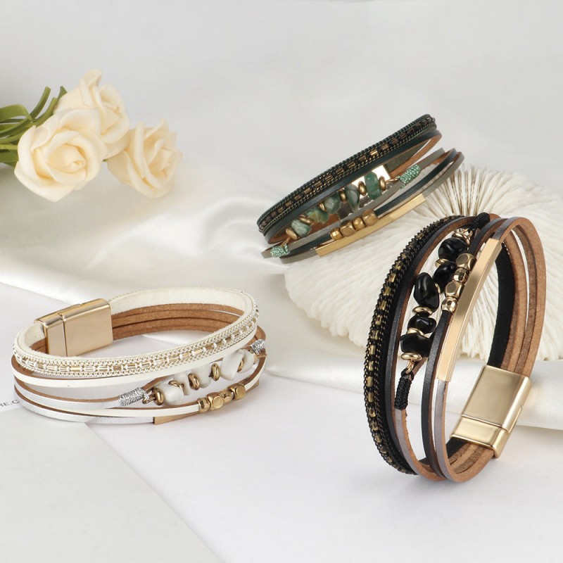 Boho Style Natural Stone Beaded Leather Magnetic Bracelet