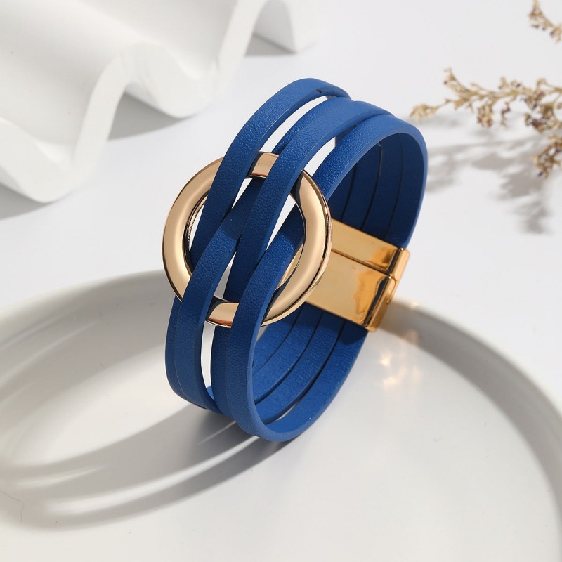 Metal Leather Cross Women's Large Hoop Cuff Multi-layer Wris
