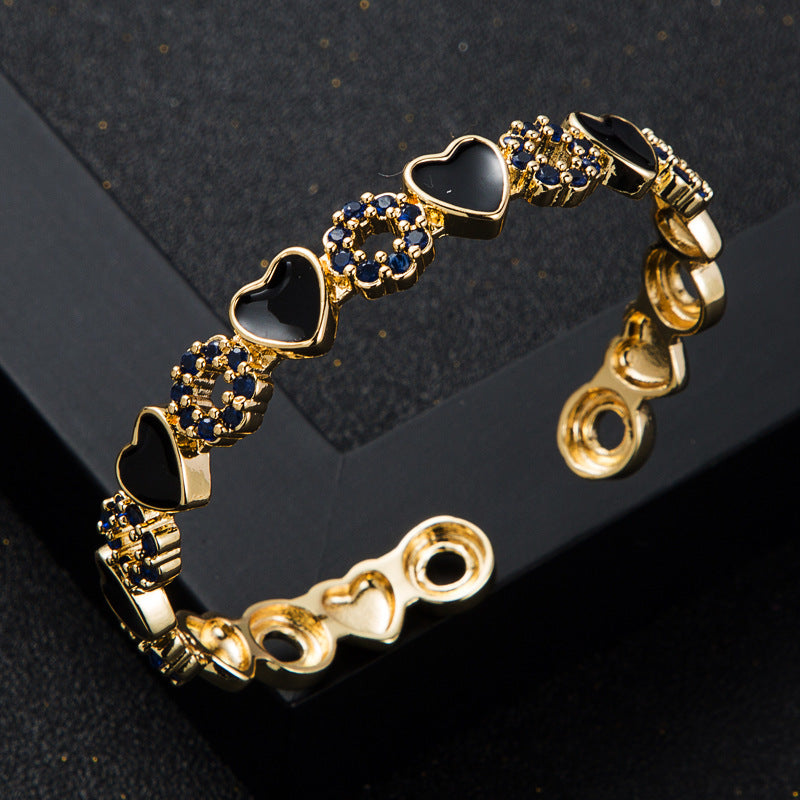 copper inlaid zircon enamel drop oil love heart bracelet Ten