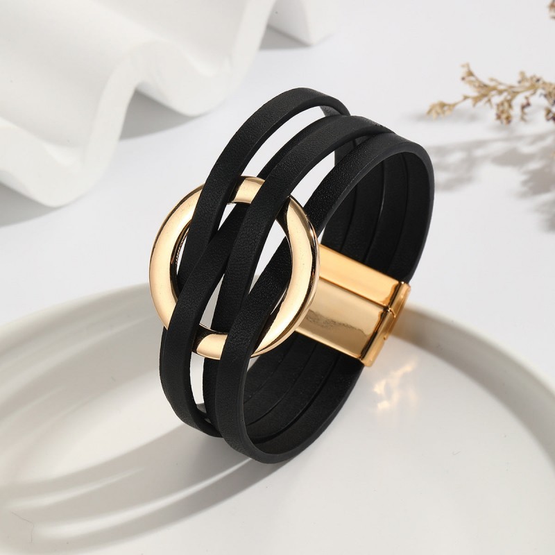 Metal Leather Cross Women's Large Hoop Cuff Multi-layer Wris