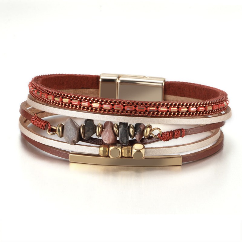 Boho Style Natural Stone Beaded Leather Magnetic Bracelet