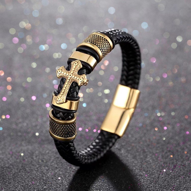 Punk Braided Cross Men's Leather Bracelet