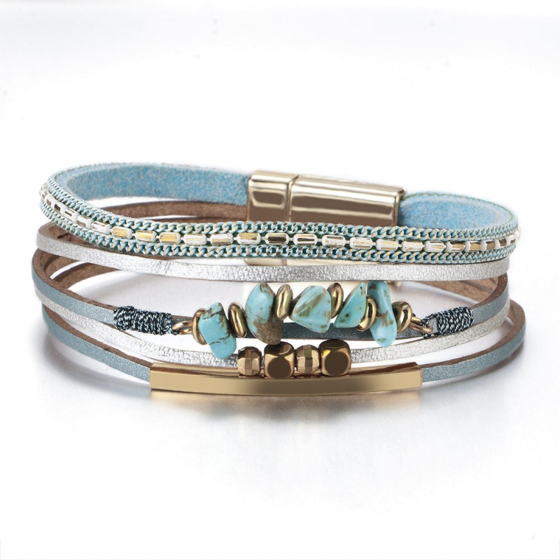 Boho Style Natural Stone Beaded Leather Magnetic Bracelet