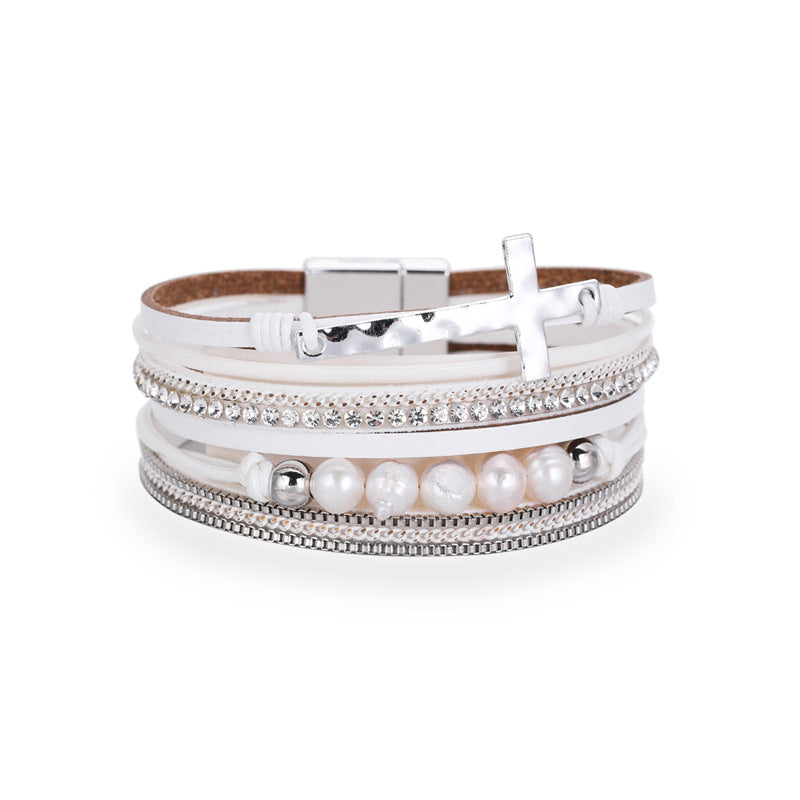 Boho Leather Multi-Layered Wide Cross Bracelet