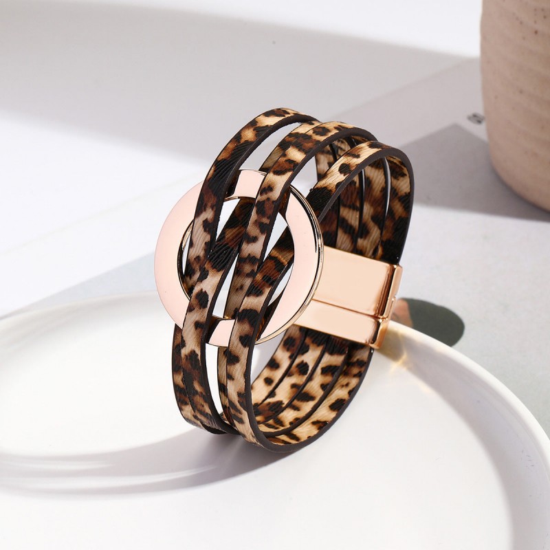 Metal Leather Cross Women's Large Hoop Cuff Multi-layer Wris